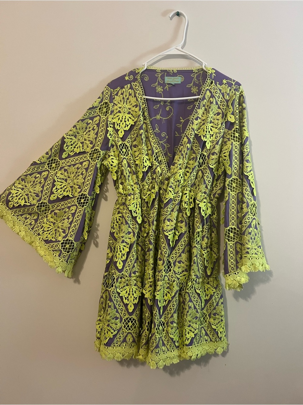 Neon Lime Crochet Mini Dress with V-Neck